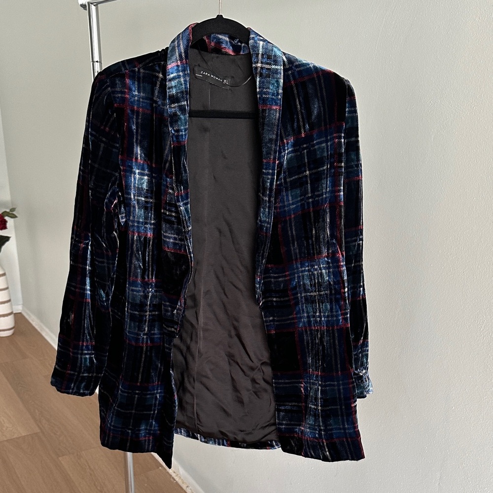 Zara Velvet Plaid Blazer in Navy, Black and Burgundy